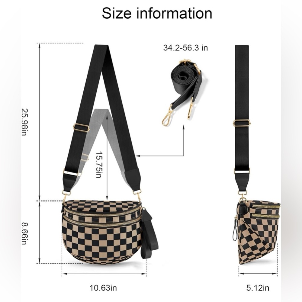 🖤🤎Black Tan Rose Gold Checkerboard Bum Bag Crossbody Sling Bag, Wide Strap, NWOT - Picture 4 of 10